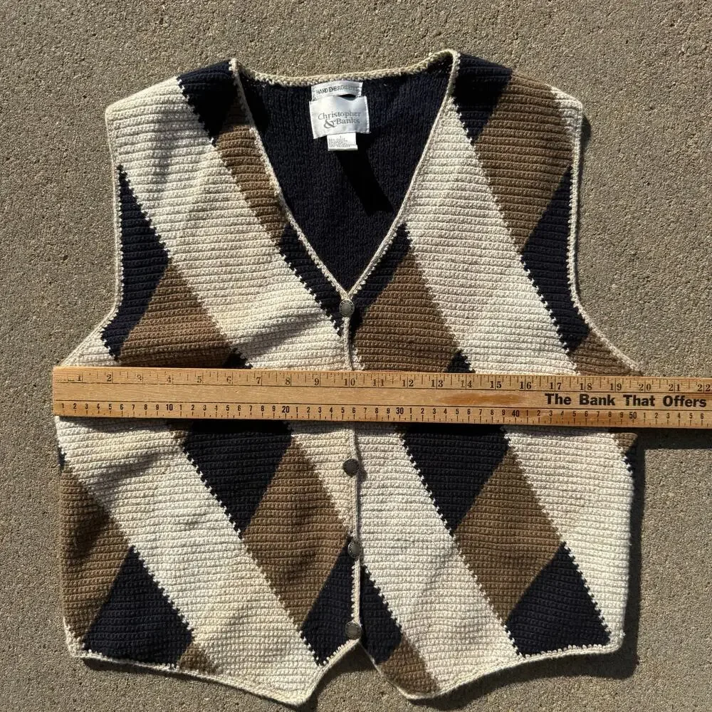 Vintage Grandpacore Neutral Boho Argyle Knit Sweater Vest LARGE Brown Tan Black